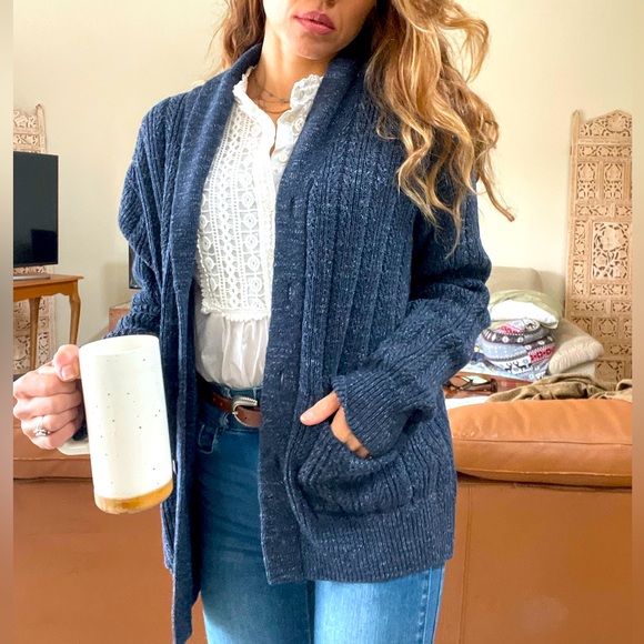 Free people marled suede sweater coat cardigan chunky navy leather cozy fall - Picture 4 of 7